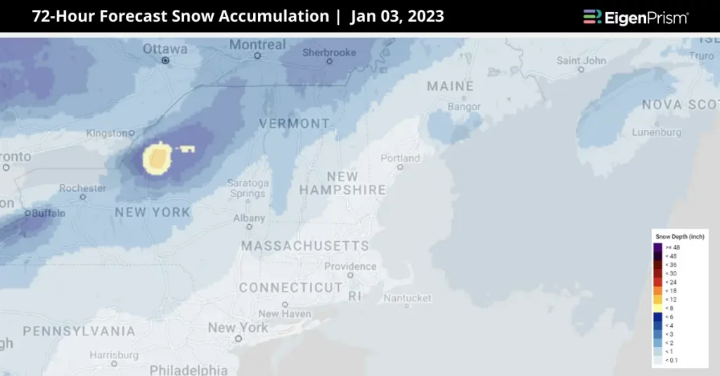 A weekend storm that has the potential to slam the Northeast and the mid-Atlantic region with its first decent snowfall in over two years may finally bring winter to the region. The storm's exact impact is still uncertain, as it depends on its path and intensity and is currently far off the West Coast. This storm is part of an active pattern associated with an El Niño winter, potentially leading to impactful snow in densely populated East Coast areas. In the South, it's expected to bring beneficial rain to drought-affected areas like eastern Texas, Louisiana, and southern Mississippi. Starting Thursday evening, rain is expected to set in over eastern Texas and gradually move eastward along the storm's path, eventually encompassing the Southeast and portions of the mid-Atlantic. This weather system might lead to flooding concerns in the South, especially in regions already soaked by a separate wet system earlier in the week. The key concern is whether precipitation will fall as snow or rain, particularly along the I-95 corridor stretching from Washington, DC, to Boston. An inch of snow in these areas would break nearly two-year-long snowless periods for several major cities. For instance, New York City has not seen an inch of snow on a single calendar day for nearly 700 days, with 2023 being the least snowy year on record for Central Park. Imminent Storm Could Blanket Northeast and Mid-Atlantic in Snow: Actionable Insights on EigenPrism All EigenPrism® users can assess the forecast using the following event footprints: • 72-Hr Forecast Snow Accumulation (90th Percentile) as of 2024-01-03 • 1-3 Day Potential Winter Storm Overall Impact as of 2024-01-02 • North America 5-day Flood Potential as of 2024-01-02 Don’t Have Access To EigenPrism? Sign up for a trial account and access complete impact reports of all events. Contact us, and we’ll set up a trial account for you. Imminent Storm Could Blanket Northeast and Mid-Atlantic in Snow
